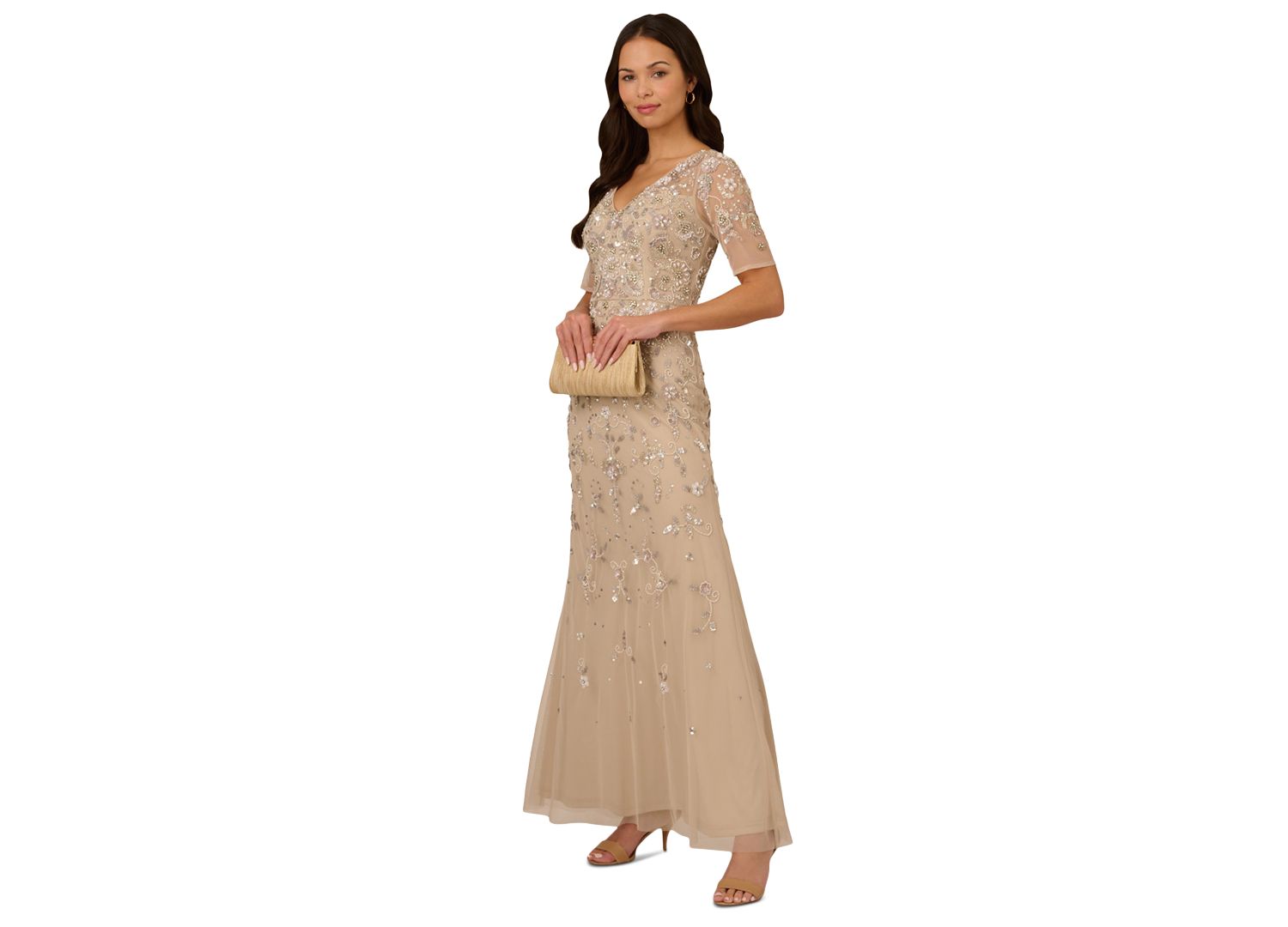 Women's V-Neck Beaded Short-Sleeve Mesh Gown