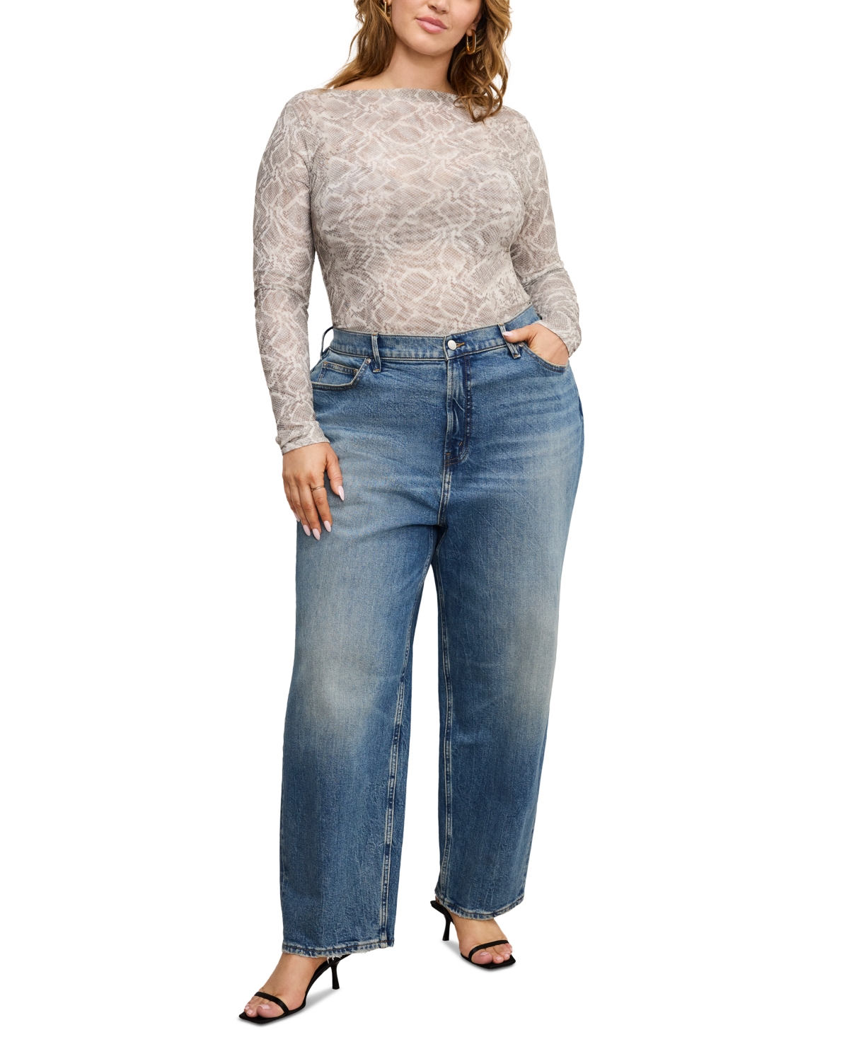 GOOD AMERICAN WOMEN'S PRINTED BOAT-NECK LONG-SLEEVE MESH BODYSUIT 