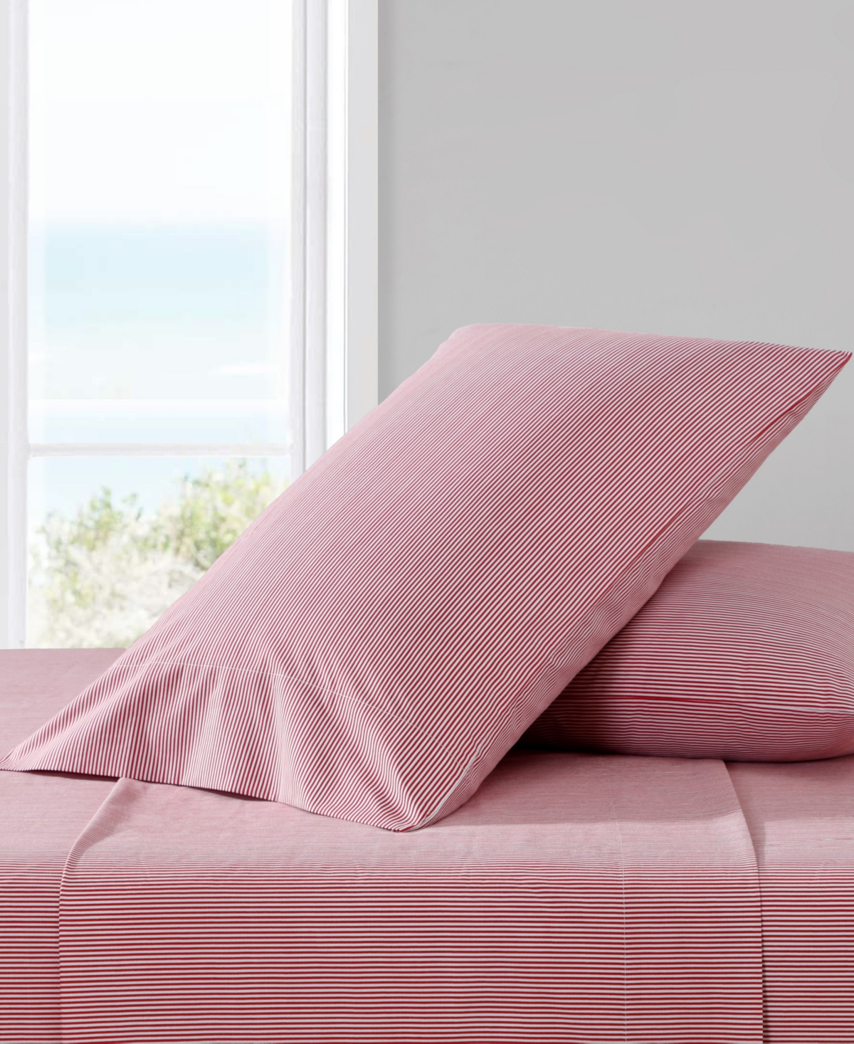 Nautica Cotton Percale 3-piece Sheet Set, Twin In Penny Pinstripe Red