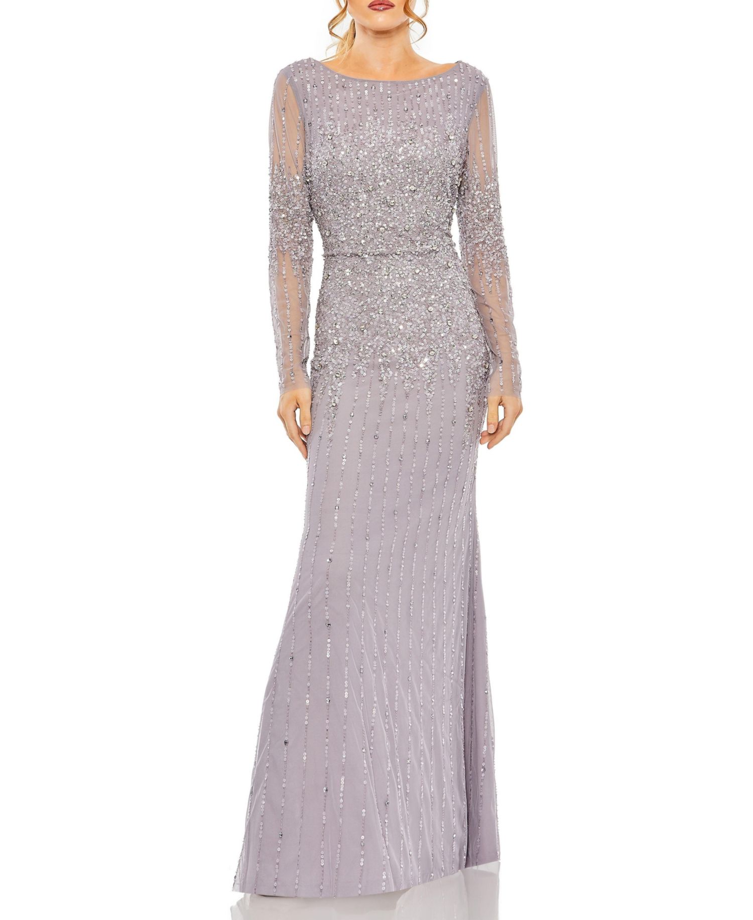 Women's High Neck Sequin Embellished Long Sleeve A Line Gown