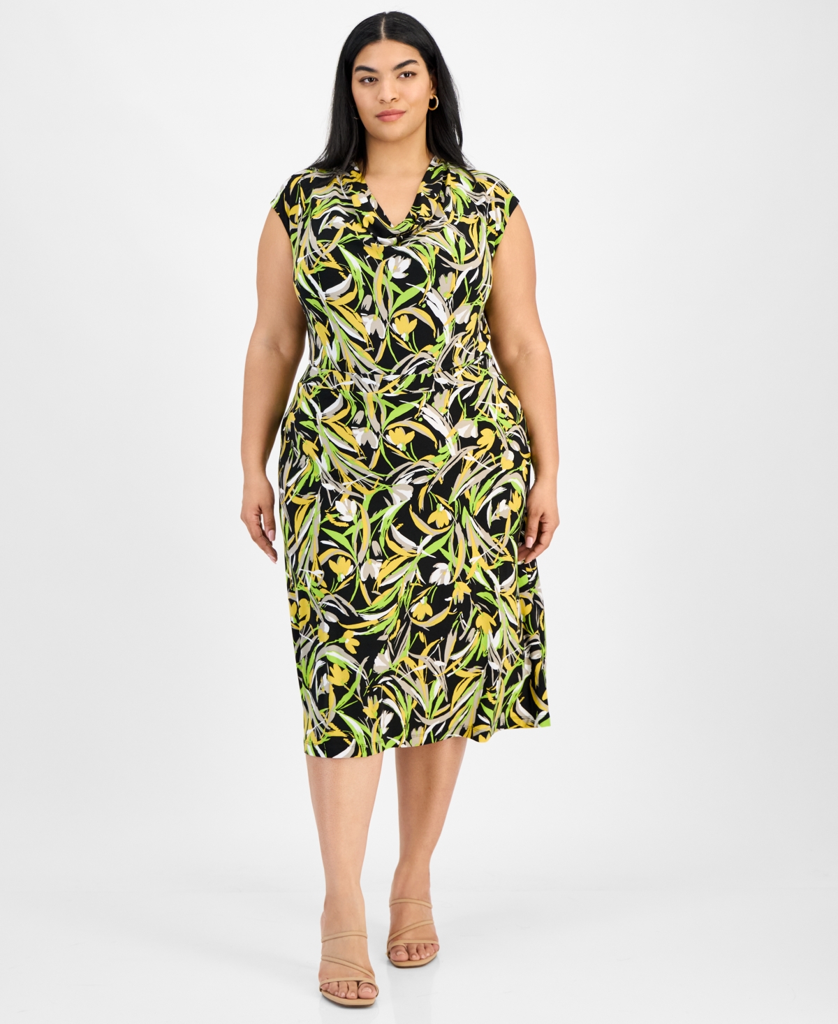 Plus Size Printed Pull-On Midi Skirt - Black Multi