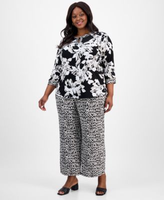 Блузка с рукавом 3/4 и круглым вырезом и принтом Kasper Plus Size