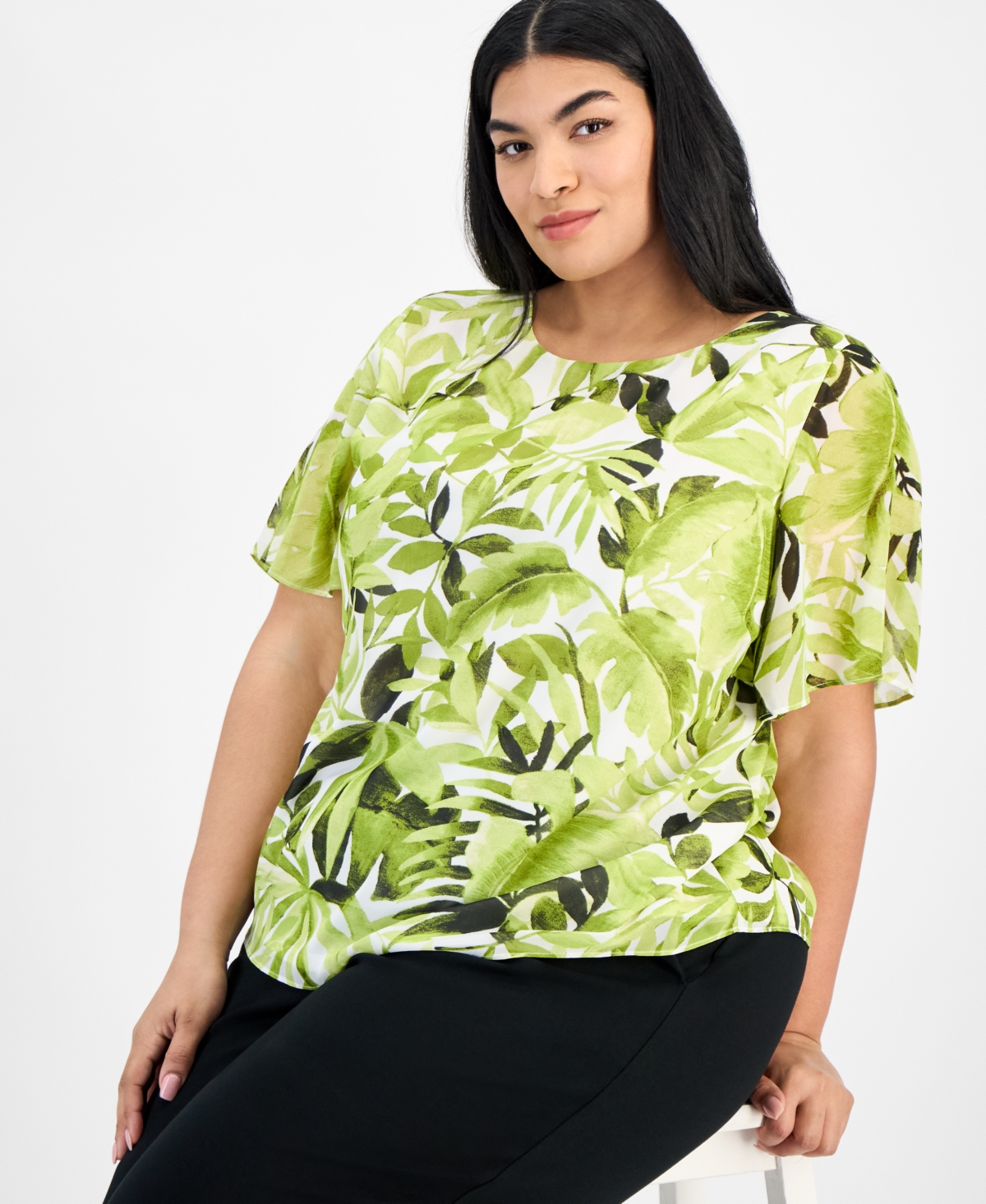 Kasper Plus Size Printed Flutter-sleeve Blouse In Kiwi Multi