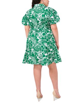 Plus Size Printed Cotton Puff-Sleeve Belted Shirtdress