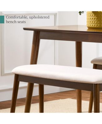 3-Piece Mid-Century Modern Upholstered Wooden Dining Set w/ 2 Bench Seats - Walnut/Cream