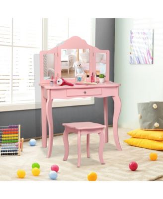 Kids Makeup Dressing Mirror Vanity Table Stool Set