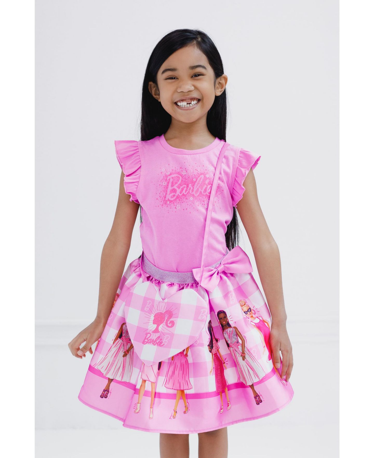 Детский комплект Barbie Little Girls T-Shirt and Skirt Set, цвет: Розовый в мелкую клетку — фото 2