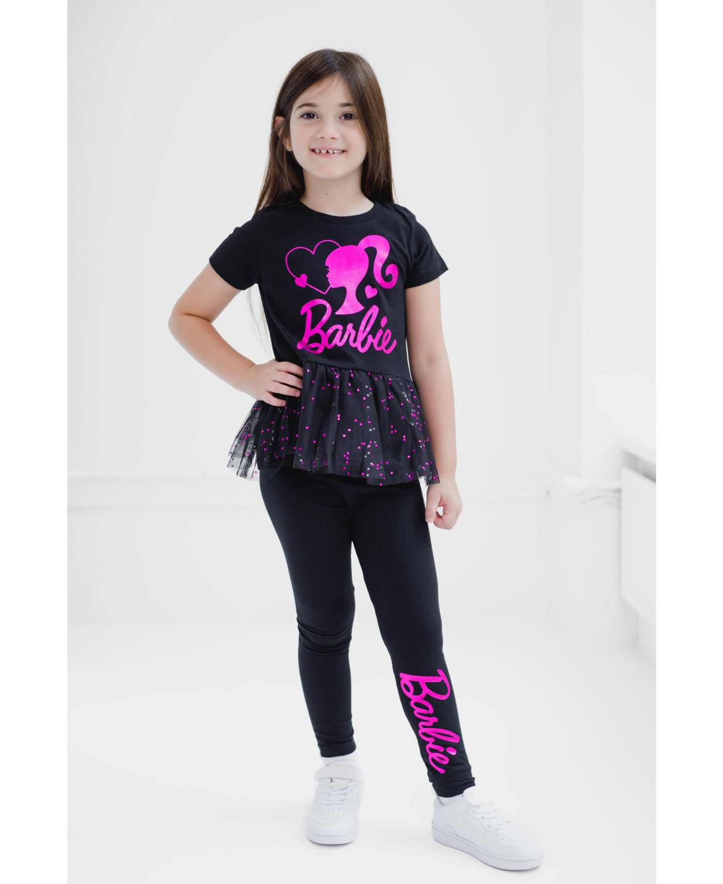 Брюки Barbie Metallic Print Peplum T-Shirt and Pants для девочек-малышей, цвет: Чёрный / Розовый — фото 4