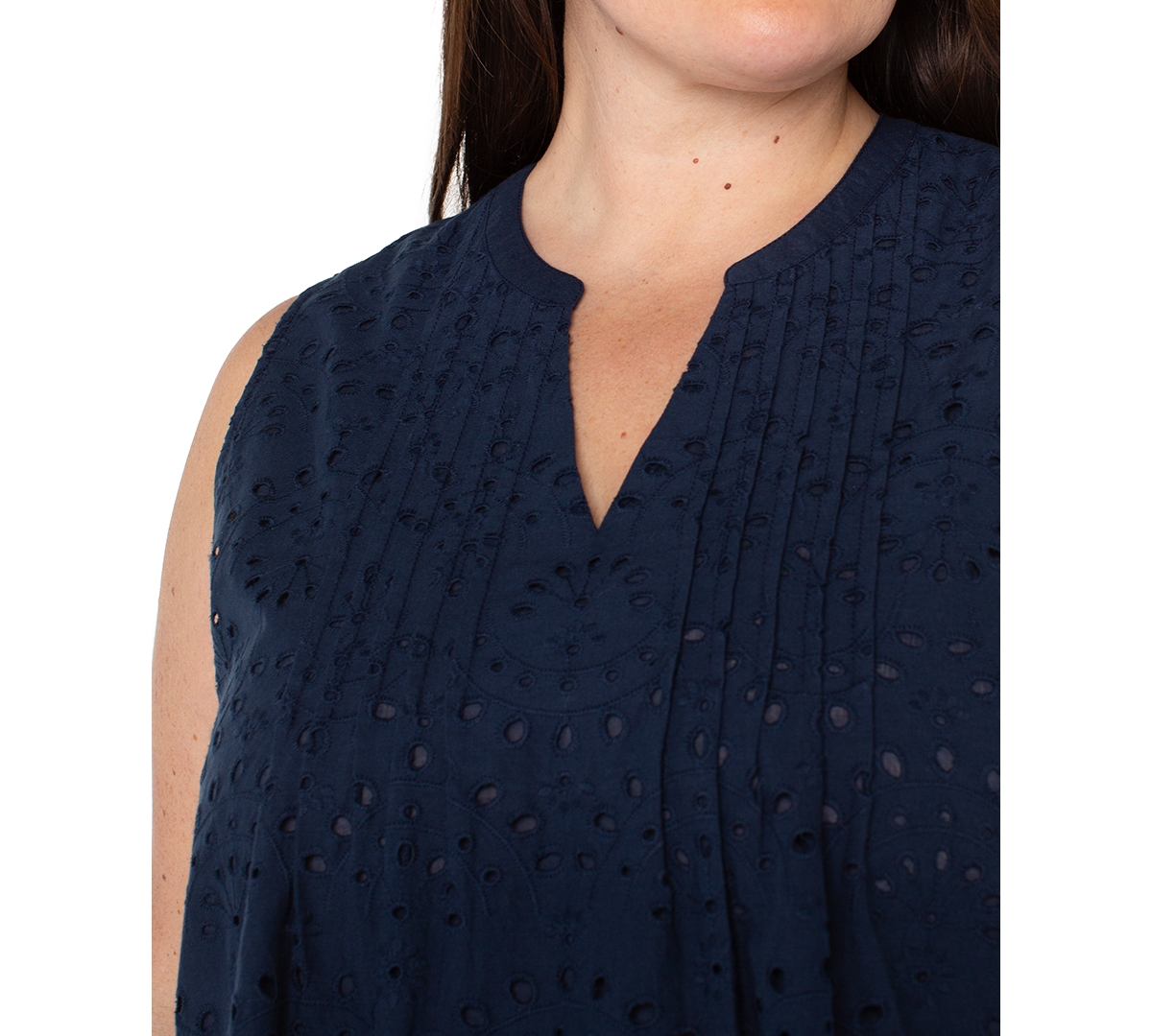 Liverpool Plus Size Cotton Eyelet Sleeveless Blouse In Navy
