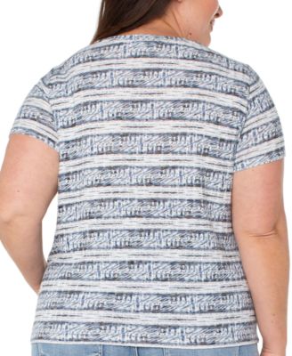 Liverpool Plus Size Ikat-Print Mitered Knit Short-Sleeve Top
