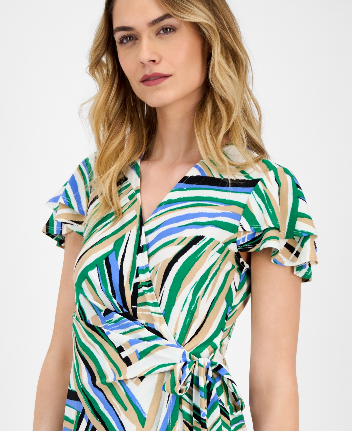 Anne Klein Plus Size Flutter-sleeve Classic Faux-wrap Dress In Green