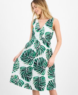 Женское хлопчатобумажное платье с V-образным вырезом и проушиной от Anne Klein из набивного хлопка