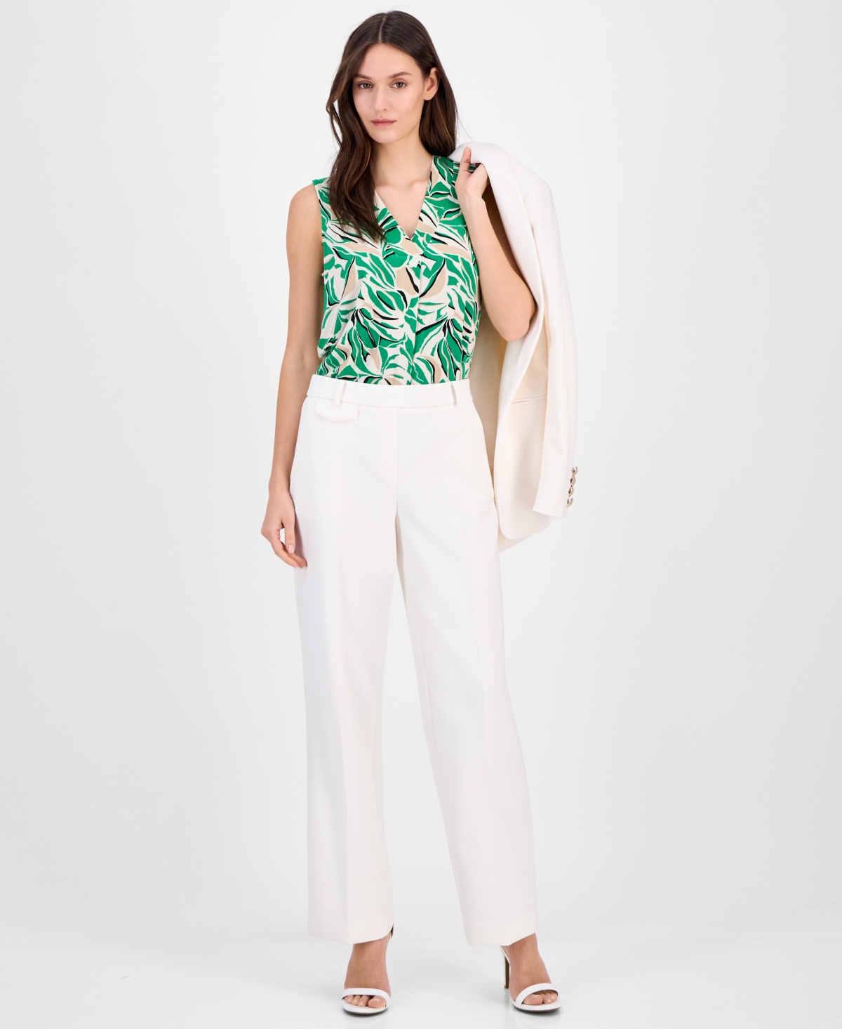 Anne Klein Leaf Print Pleat Front Shell In Tropical Green Multi