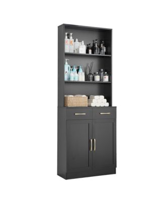 Bathroom Storage Cabinet, Cabinet with Two Doors and Drawers, Adjustable Shelf, Three-layer Open Shelf, MDF Board, Black