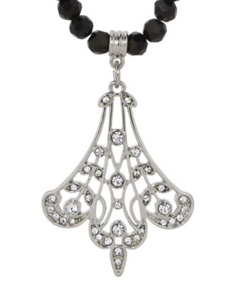 Black Glass Bead Crystal Fan Necklace