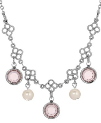 Silver-Tone Crystal Faux Cultivated Pearl Bib Necklace