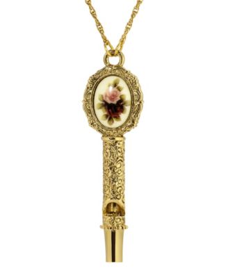 Gold Tone Pink Flower Decal Whistle Necklace