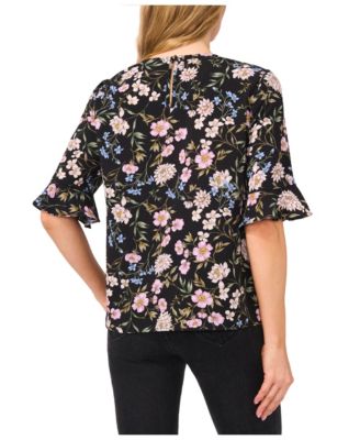 Women's Floral Crewneck 3/4-Sleeve Ruffled Cuff Blouse
