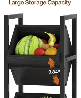 3-Tier Wood Basket Rack Vertical Fruit Stand Storage Organizer for Kitchen, Bathroom, or Living Room