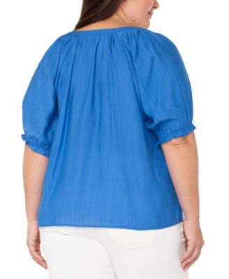 Liverpool Plus Size Woven Split-Neck Puff-Sleeve Blouse