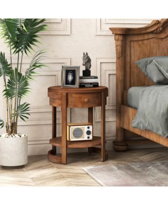 2-Piece Wood Nightstand Set with Shelf and Wood Grain Drawer – Round End Table for Living Room