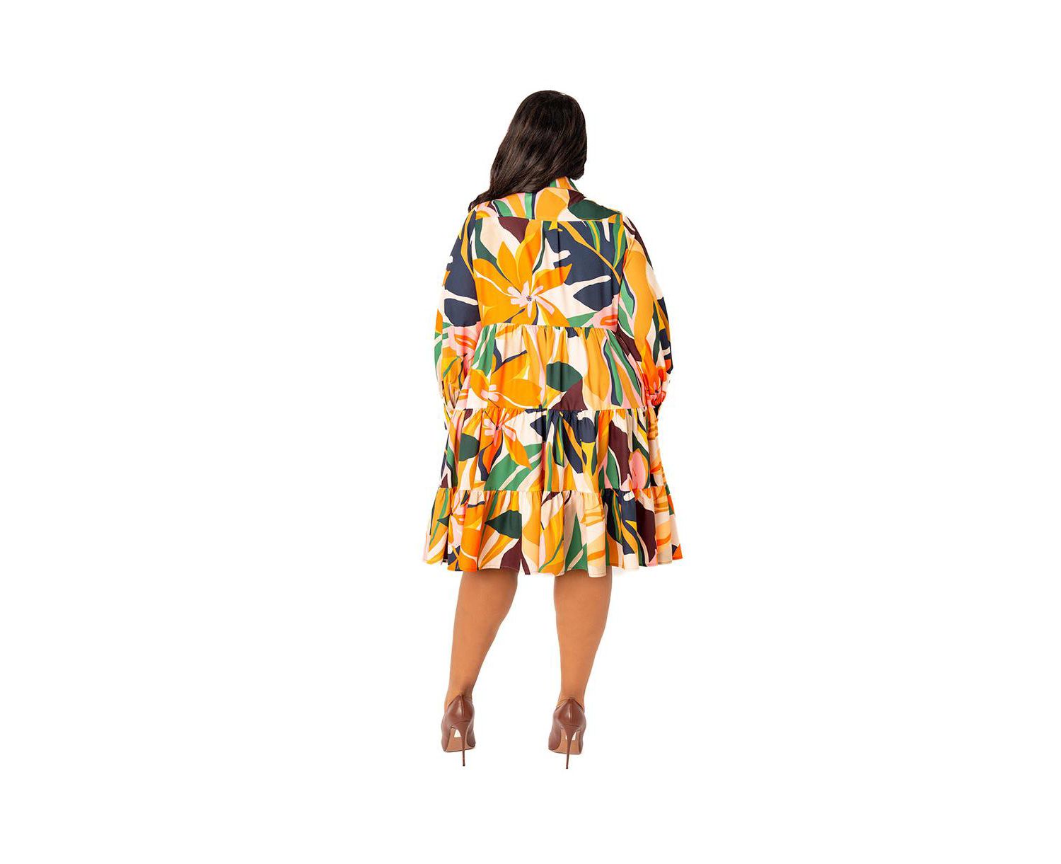 Plus Size Floral Long Sleeve Tiered Shirt Dress