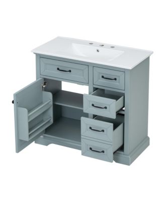 36" Rubberwood & MDF Tip-Out Drawers & Soft-Close Doors Bathroom Vanity with Ceramic Sink