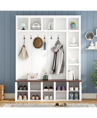 Streamdale Farmhouse Hall Tree with 6 Hooks, Adjustable Shelves, Shoe Cabinet, Mudroom Storage, 76.7