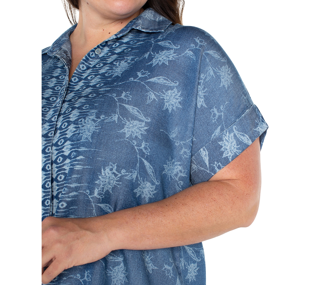 Liverpool Los Angeles Liverpool Plus Size Printed High-low Camp Shirt In Blue