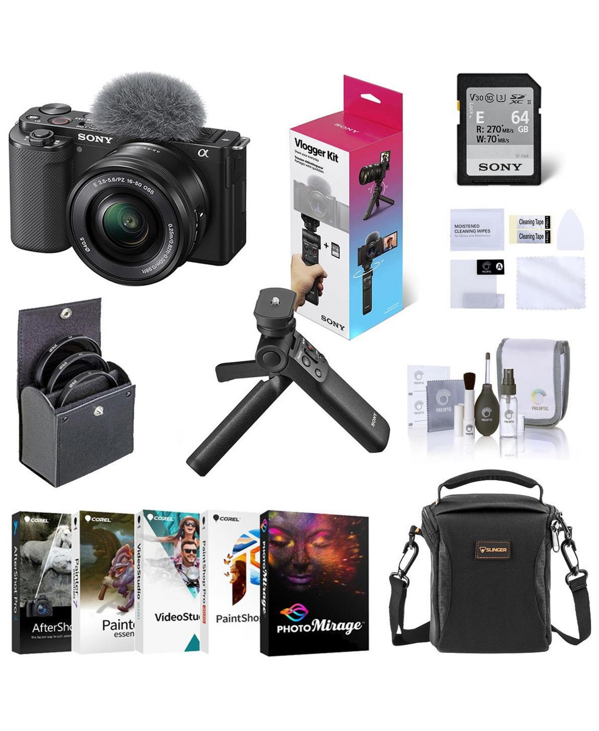 Sony Sony Zv-E10 Mirrorless Camera with 16-50mm Lens, Bundle, Vlogger Accessory Kit, Shoulder Bag, Screen Protector, 40.5mm Filters