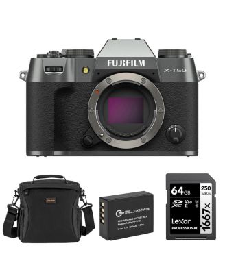 X-T50 Mirrorless Camera, Charcoal Silver, Bundle with Li-Ion Battery, 64GB SDXC Memory Card and Shoulder Bag