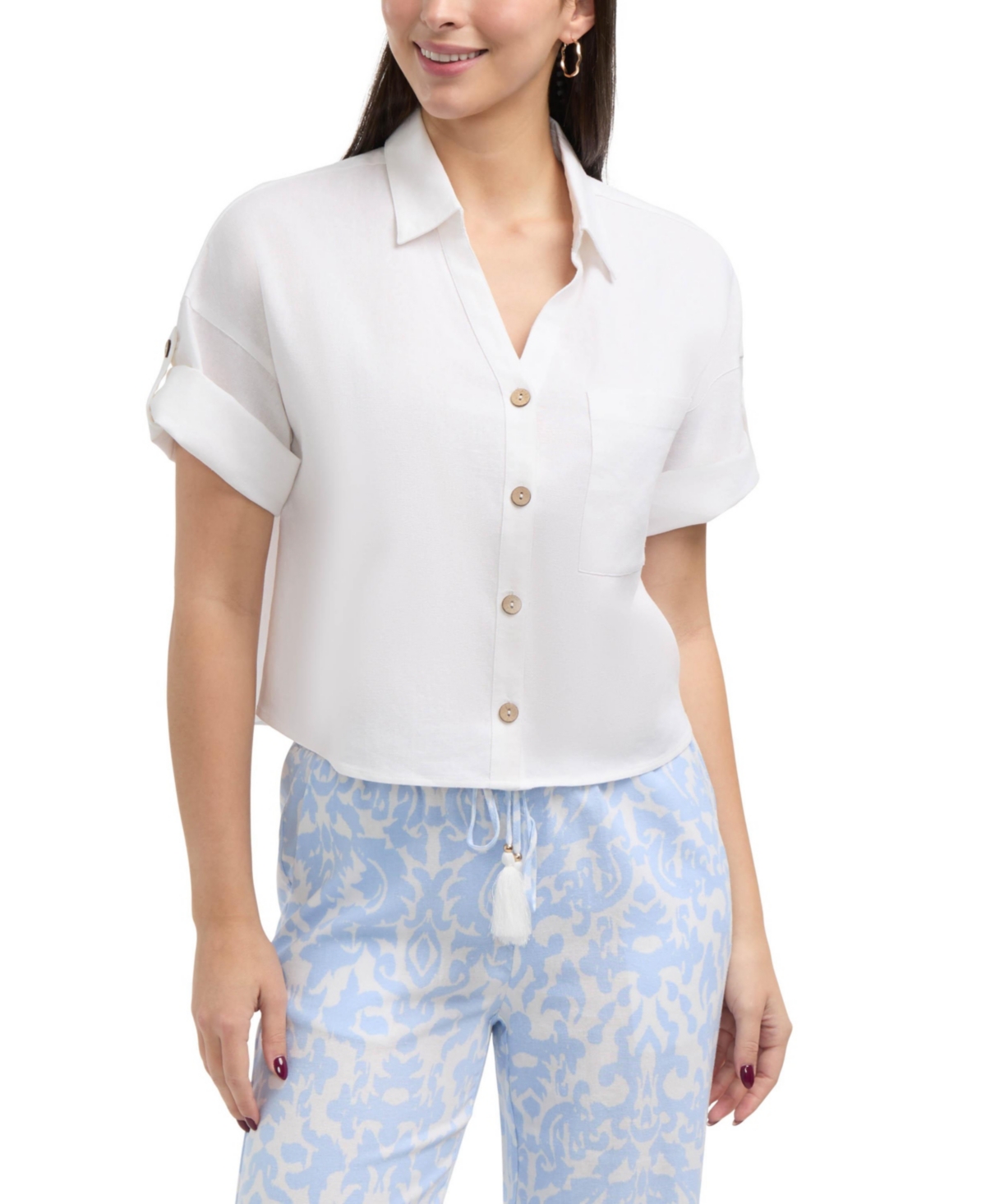 Women s Camp Shirt with Button Front - White