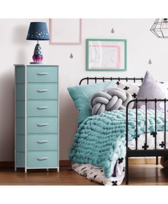 Narrow 6 Drawers Nightstand with Steel Frame, Wood Top, Easy Pull Fabric Bins