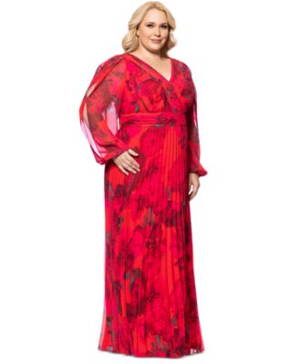 Plus Size Printed Pleated Long-Sleeve Gown