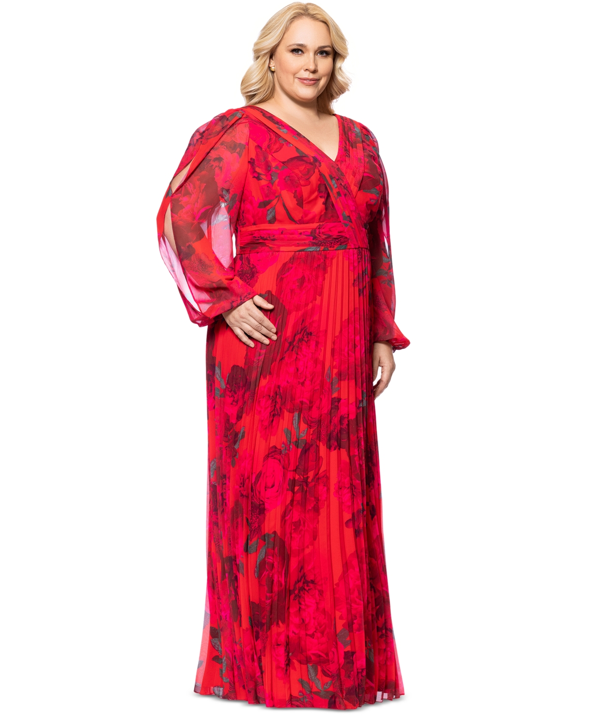 Betsy & Adam Plus Size Printed Pleated Long-sleeve Gown In Red,fuchsia