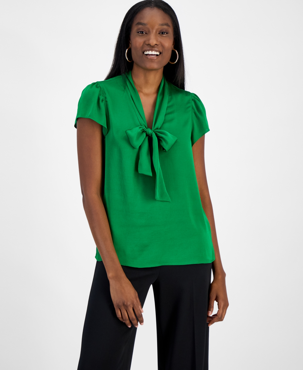 Women's Tie-Front Flutter-Sleeve Blouse, Exclusively at Macy's - Green Chili