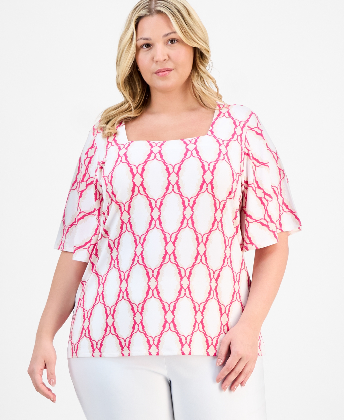 JM COLLECTION PLUS SIZE PRINTED FLUTTER-SLEEVE TOP, EXCLUSIVELY AT MACY'S 