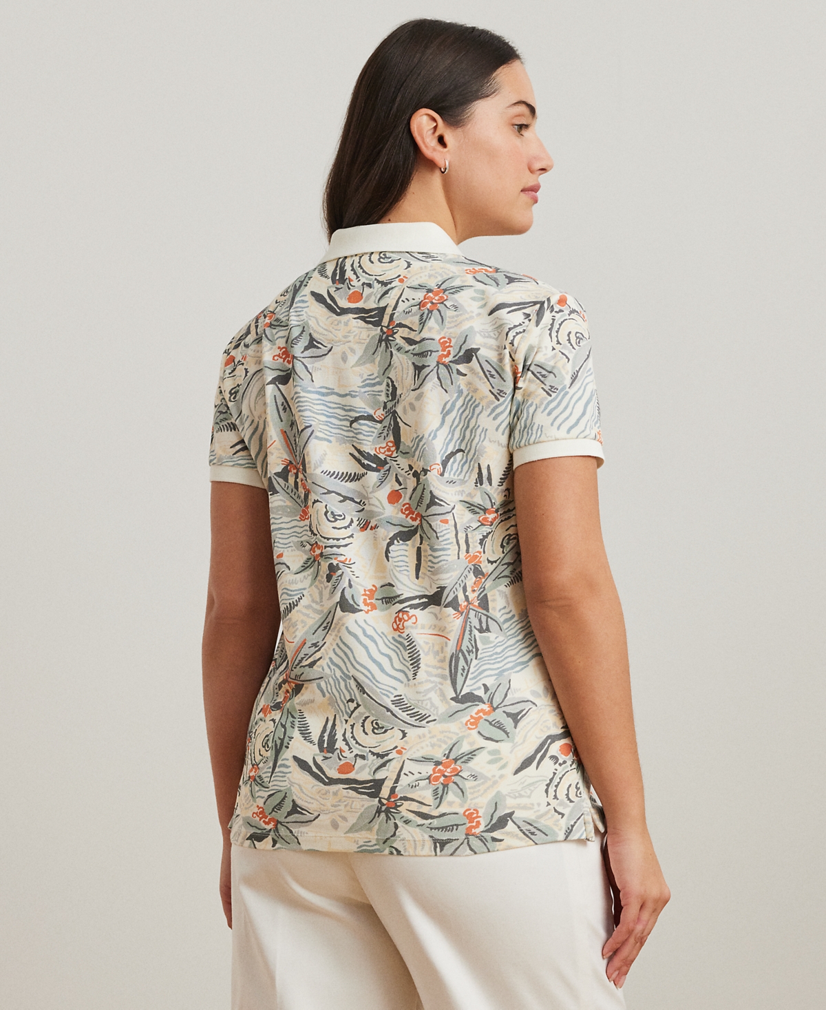 Shop Ralph Lauren Plus Size Print Stretch Pique Polo Shirt In Cream Multi