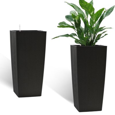Large Black Faux Rattan Planter with Self-Watering System
