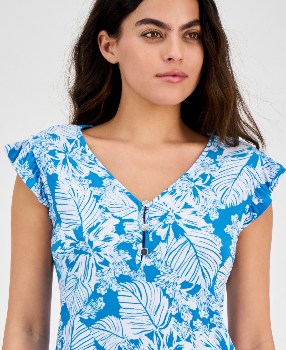 Shop Ak Anne Klein Petite Printed V-neck Ruffle-sleeve Blouse