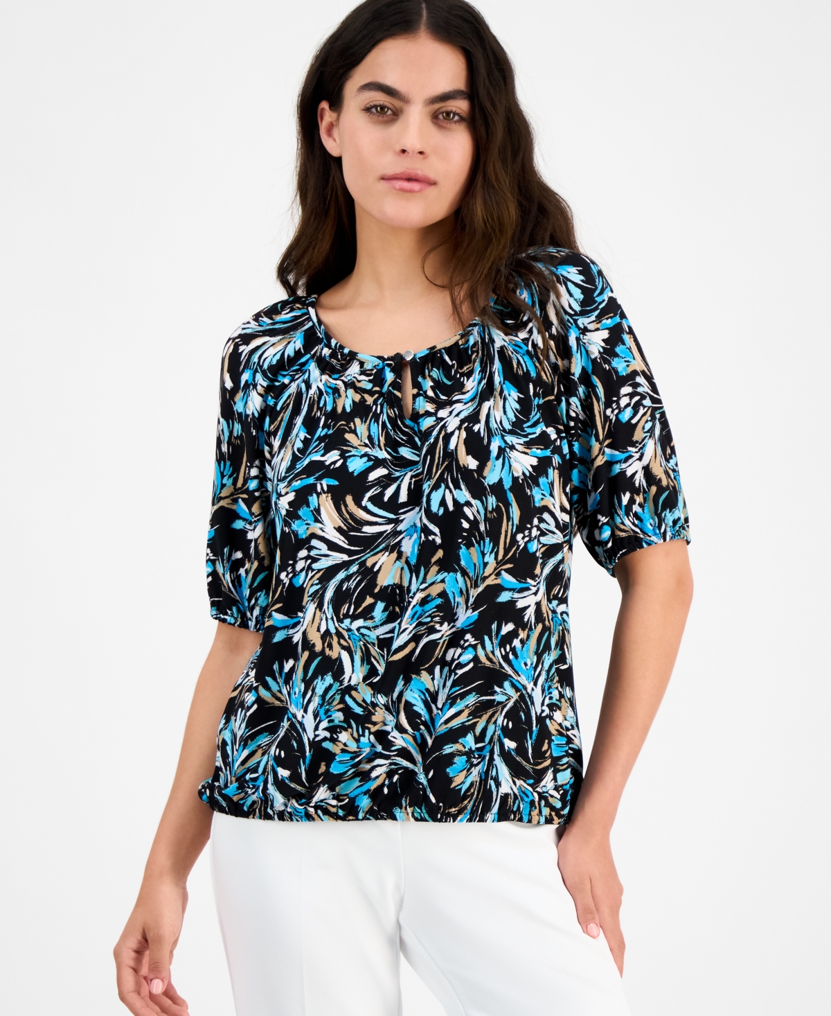 Ak Anne Klein Petite Printed Scoop-neck Elbow-sleeve Top