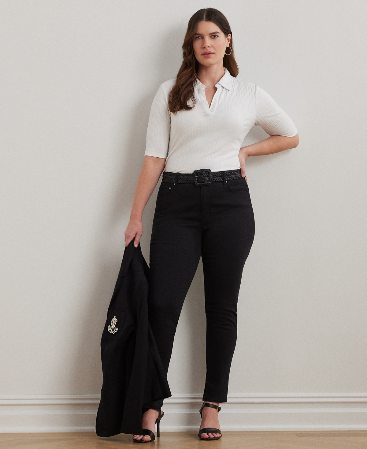 RALPH LAUREN PLUS SIZE RIB-KNIT ELBOW-SLEEVE POLO TEE 