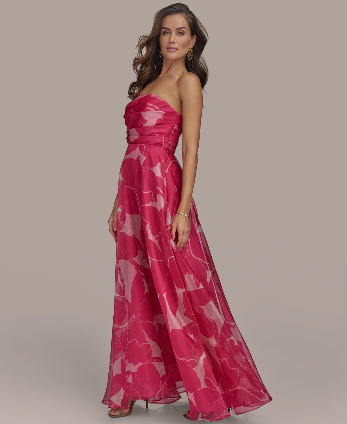 Donna Karan Floral Strapless Gown In Hot Fuchsia,ivory