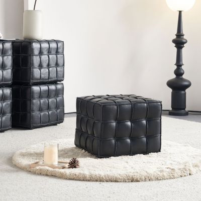 17.32"W Genuine Leather Tufted Ottoman,Footstool for Living Room & Bedroom,Black Color