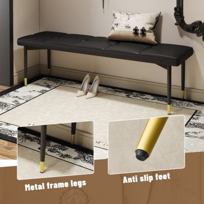 Streamdale 59" Black Shoe Bench with Gold Accents Faux Leather Cushion, Metal Legs