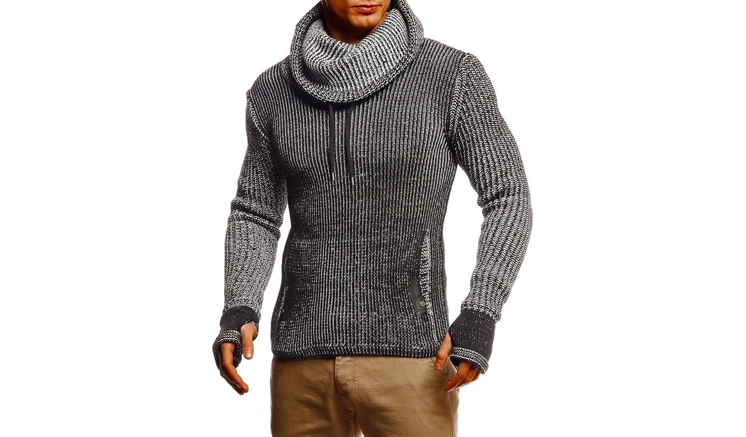 Men's Cowl Neck Knitted Pullover with Thumbhole Cuffs