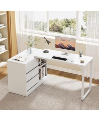 L-Shaped Computer Desk with Drawers and Shelves, Reversible White Corner Office Desk with Storage Cabinet, Study Writing Table for Home Office, Bedroom