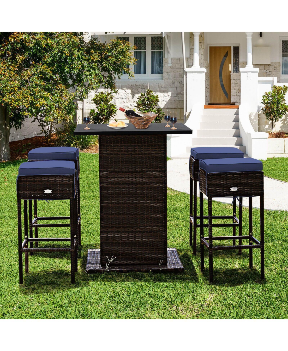 5 Pieces Patio Rattan Bar Furniture Set with Cushions and Hidden Storage Shelf For Outdoor