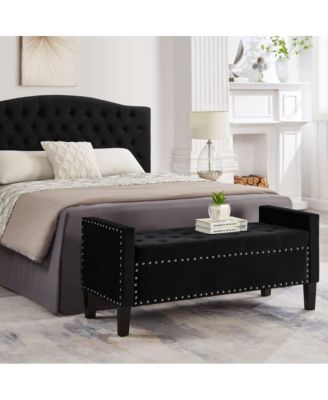 Upholstered Velvet Storage Bench with Nailhead Trim for Entryway, Bedroom & Living Room