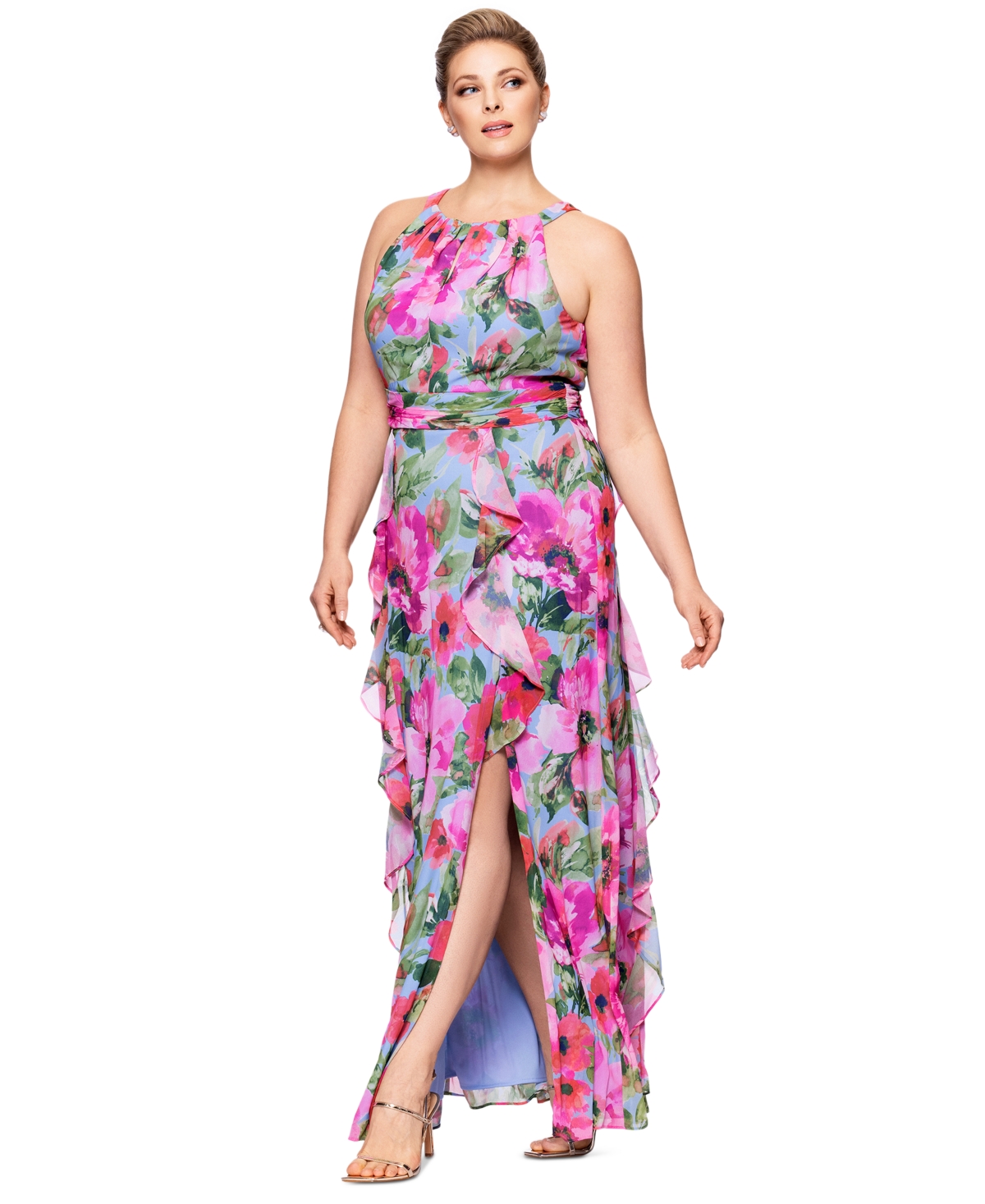 Plus Size Printed A-Line Ruffle-Skirt Dress - Pink/Periwinkle
